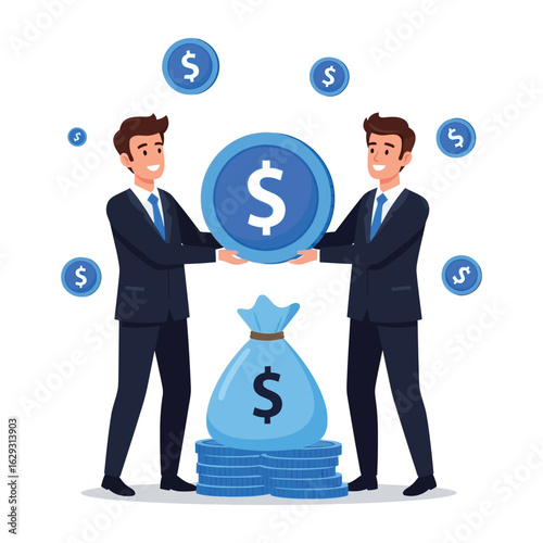 Two businessmen in suits hold a large dollar coin together, symbolizing a successful financial partnership and investment.
