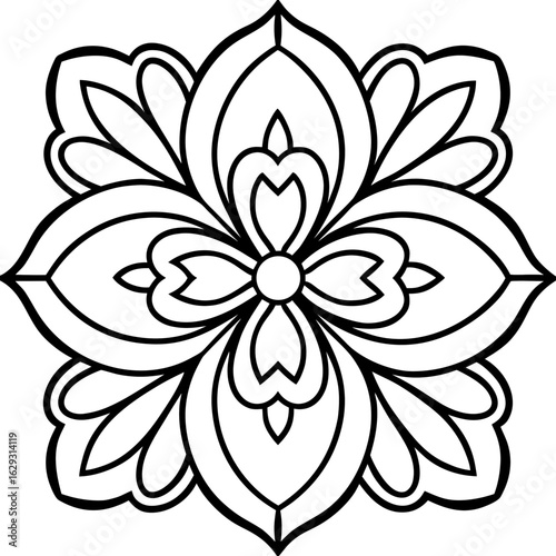 Intricate black and white floral mandala design with symmetrical petal shapes and a central circular element