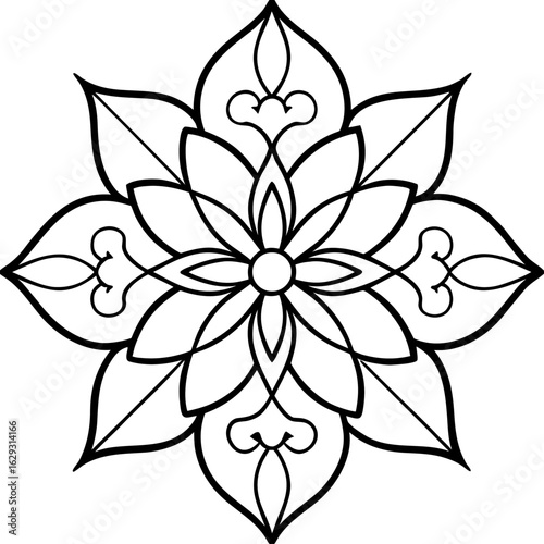 Intricate black and white floral mandala design with eight pointed petals and decorative elements