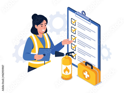 A female safety inspector in a vest points to a large checklist next to a fire extinguisher and a first aid kit.