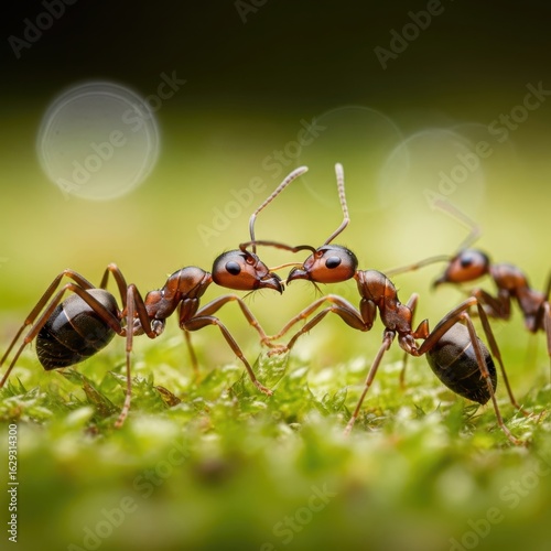 Close-up of Ants Communicating in a Green Environment