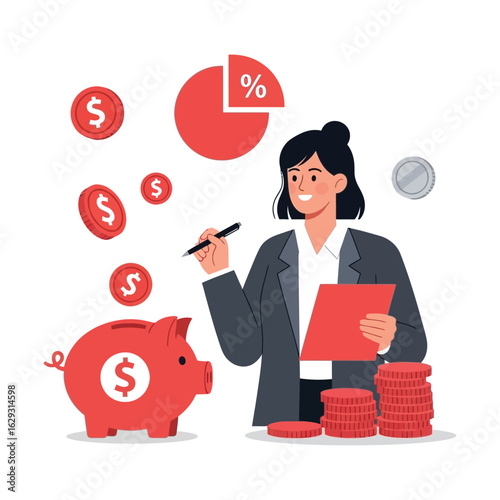 A businesswoman analyzes finances, saving money in a piggy bank next to a pie chart and stacks of coins.
