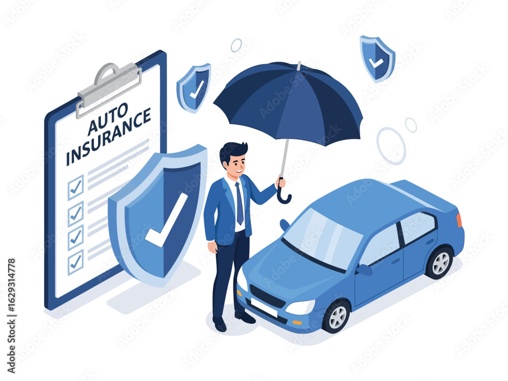 Obraz premium An insurance agent holds an umbrella over a car, symbolizing auto insurance protection and policy coverage.