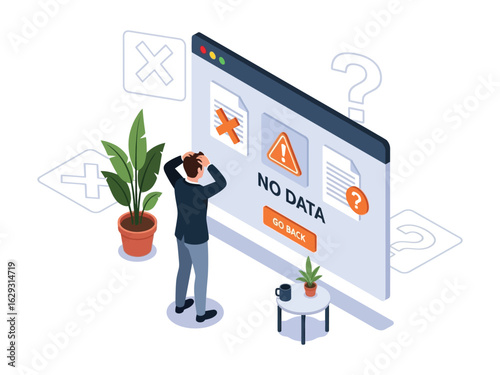A frustrated man clutches his head in front of a large screen showing a "No Data" error message.