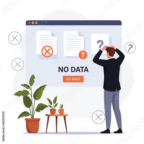 A frustrated man scratches his head looking at a 'No Data' error message on a large computer screen.