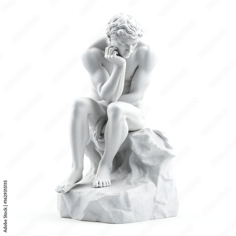 Naklejka premium Marble sculpture of a man deep in thought sitting on a rock