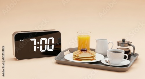 Breakfast tray with pancakes, juice, and coffee next to an alarm clock showing seven o clock am time