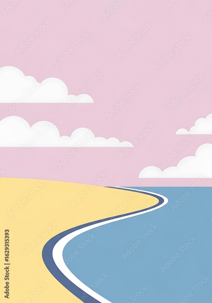 Fototapeta premium Minimalist landscape with winding road meeting ocean under a pastel sky canvas