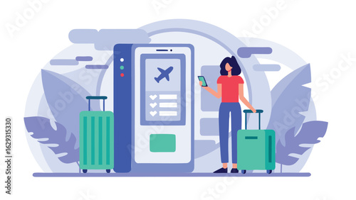 Woman using travel app on phone with luggage and airplane icon for booking flights and reservations