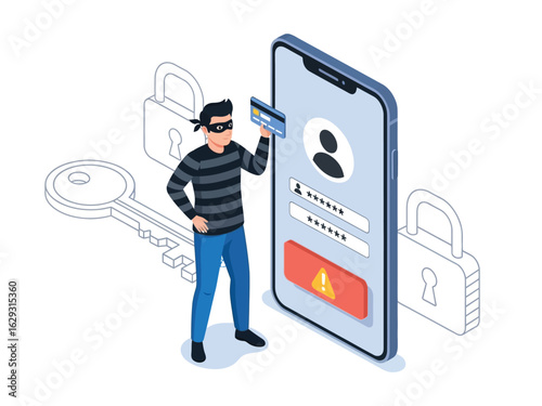A masked thief hacks a smartphone, stealing credit card data from an insecure login page.