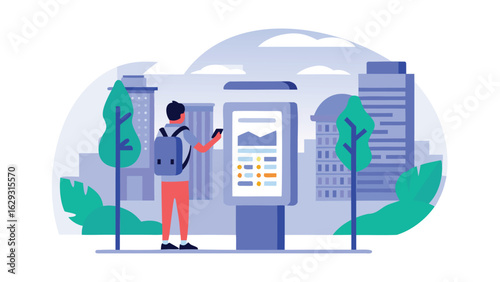 Man with backpack using phone near digital billboard in urban landscape illustration artwork design