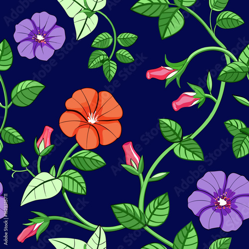 Seamless pattern of vibrant orange and purple morning glory flowers with green leaves and buds on a dark blue background