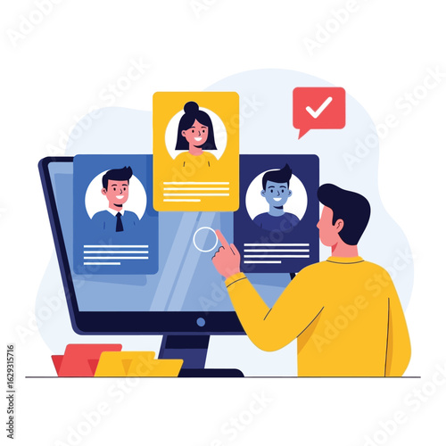 A hiring manager reviews digital candidate profiles on a computer, selecting the best applicant for a job.
