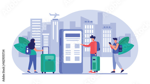 People with luggage at airport looking at information screen with city building and airplane in background