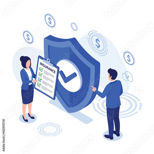 An insurance agent presents a policy on a clipboard to a client standing by a large protective shield.