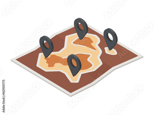 Four black location pins mark different spots on a stylized, isometric paper map.