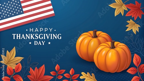 Happy thanksgiving day with american flag and pumpkins