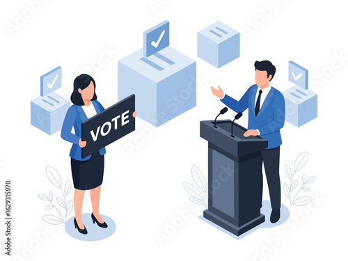 A politician speaks at a podium while a woman holds a 'VOTE' sign near ballot boxes during an election.