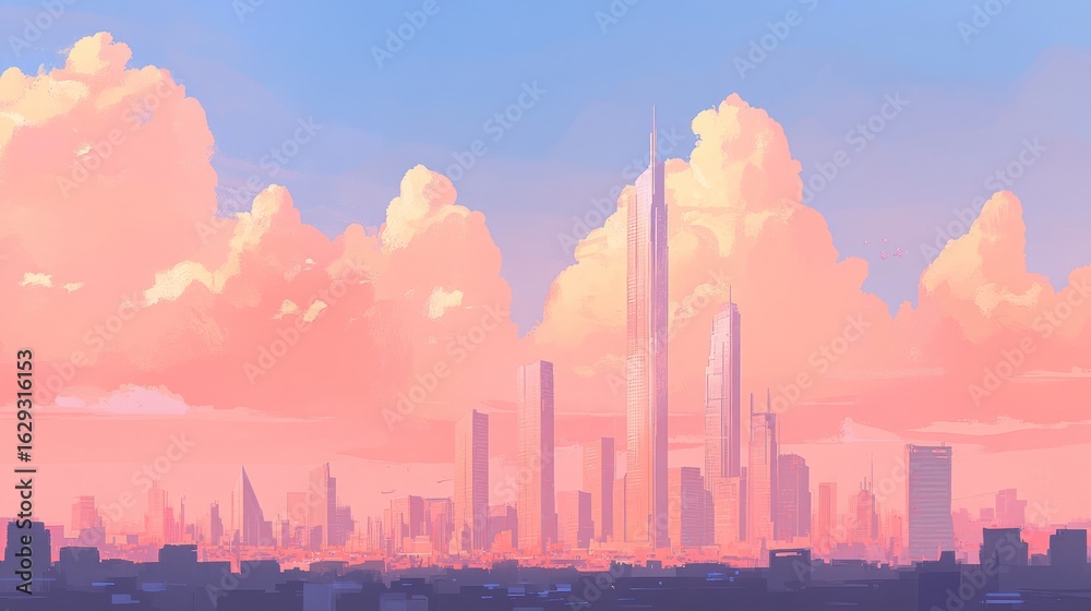 Fototapeta premium Pastel cityscape with dramatic clouds