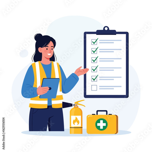 A female safety inspector in a vest checks a compliance list with a fire extinguisher and first-aid kit.