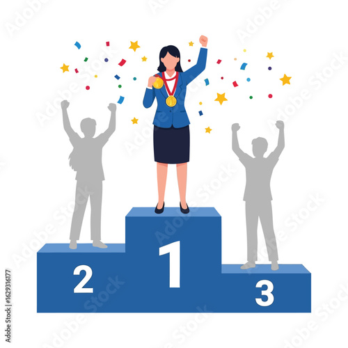 Victorious businesswoman with gold medals stands on a winner's podium under falling confetti.