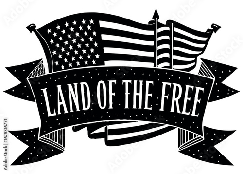 American flag waving proudly with land of the free banner silhouette