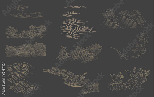 Set of hand drawn cloud with Japanese pattern vector. Oriental decoration with logo design, flyer or presentation in vintage style. Fuji mountain, bamboo, bonsai tree element with geometric shape.