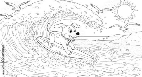 Happy cartoon dog catching a big ocean wave on a surfboard, a fun summer beach scene coloring page for children