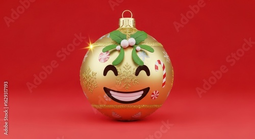 Close up of a golden christmas ornament with a smiling face on a red background in a studio shot