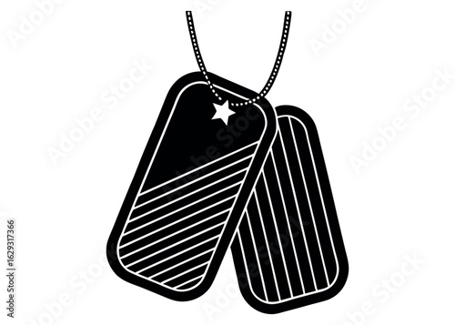 Two military dog tags connected by a chain with a star detail silhouette