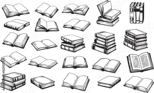Hand-Drawn Vintage Book Sketch Set. Open and Closed Books, Stacks, and Pages Illustration Collection
