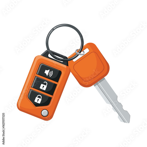 A set of orange car keys with a remote control fob and a metal key on a key ring.