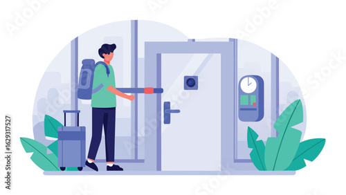 Illustration of a man with luggage entering a building with a time clock and plants near door