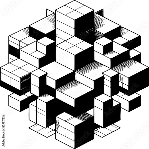 Cubical Structure: A captivating illustration presents a complex arrangement of interconnected cubes, showcasing intricate geometric forms, patterns, and design elements.