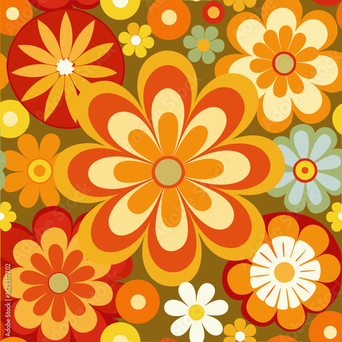 Retro floral pattern with bold orange yellow and red flowers on a brown background