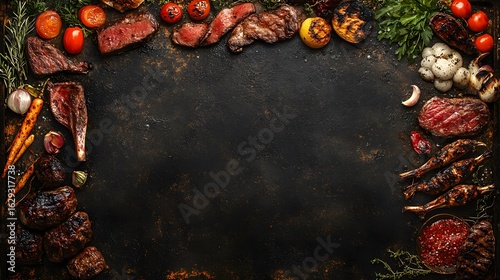 Assorted Barbecue Meats and Fresh Vegetables on Dark Background