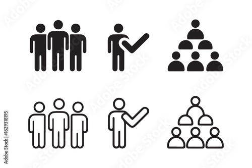 People icon set showing team, group hierarchy, and approved candidate selection for business and HR concepts.