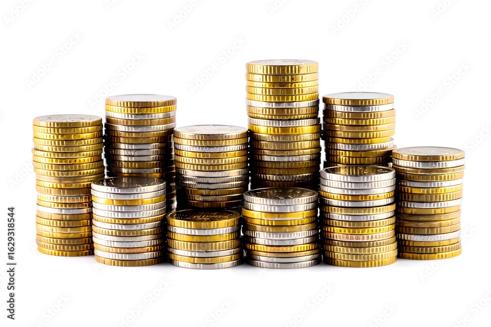 Gold and silver coin stacks on white background for finance and investment concept Gold and silver coin stacks on white background for finance and investment concept