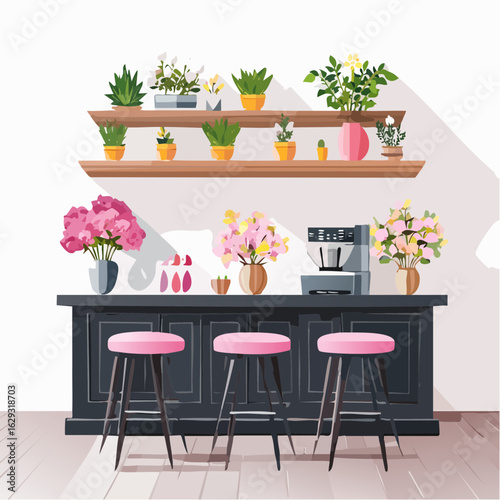 Refined Cafe Space with Black-Toned Furnishings and Tabletop Flowers