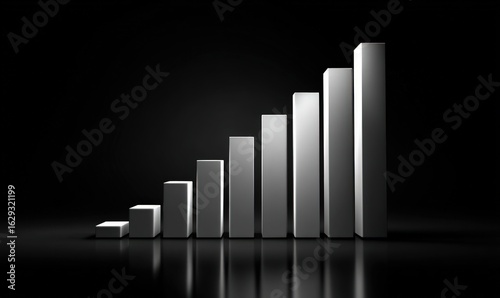 Growing bar chart showing success on dark background, 3D illustration