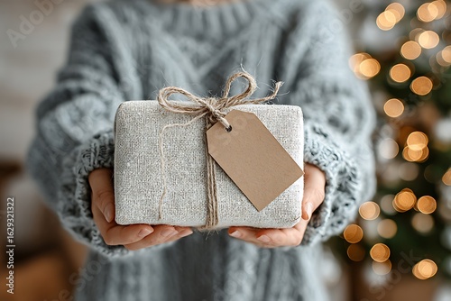 Cozy hands presenting a beautifully wrapped christmas gift with tag