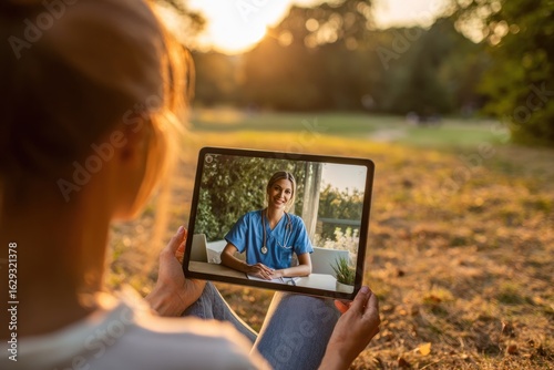 Woman in Park Consults Doctor via Tablet, Telemedicine, Golden Hour Lighting