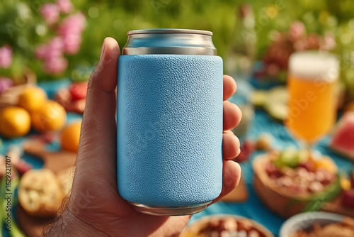 Hand holds glittery blue can cooler at outdoor picnic gathering