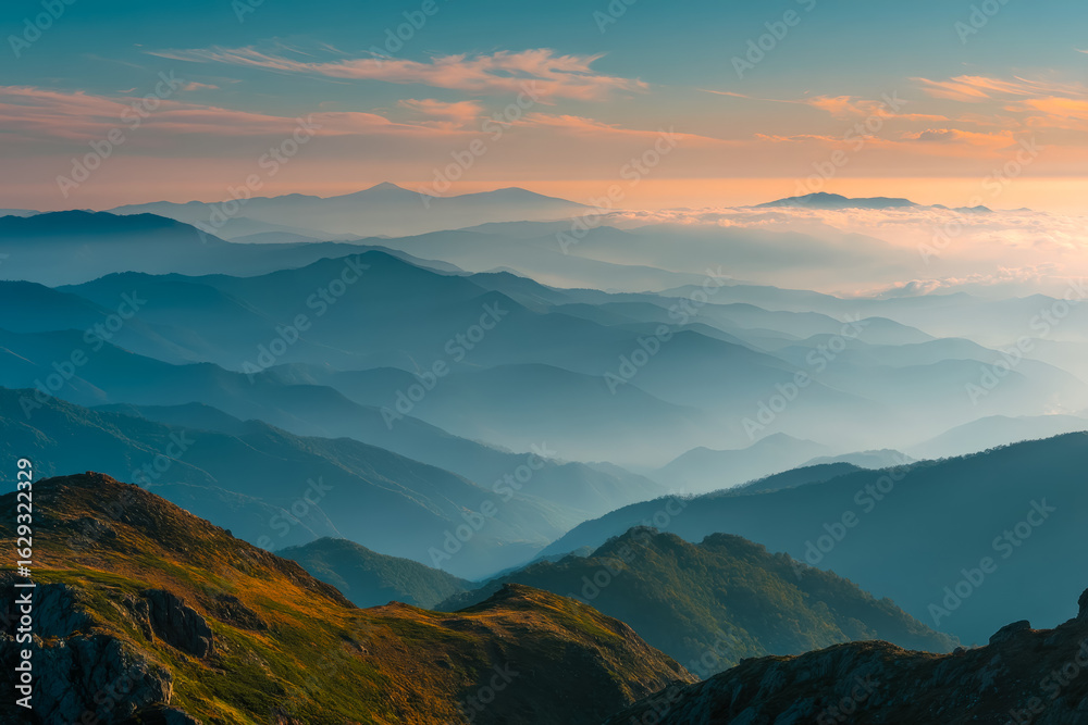 Fototapeta premium Serene mountain landscape with layered ridges and a colorful sky at sunrise