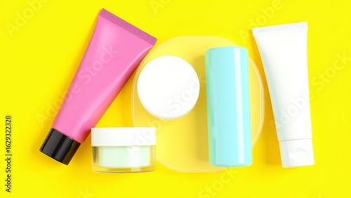 Wallpaper Mural Assortment of colorful cosmetic tubes and jars arranged on a bright yellow background Torontodigital.ca