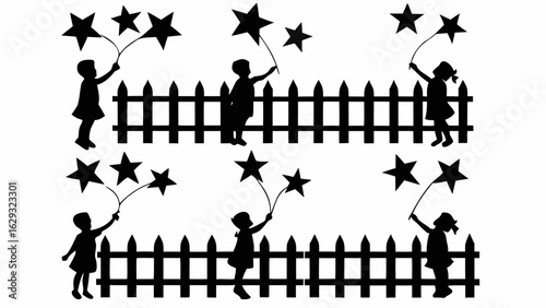 Silhouette of children holding star balloons behind a picket fence in a playful and whimsical illustration