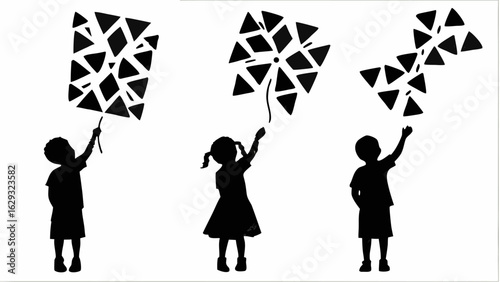 Three children silhouettes holding geometric shaped kites in a black and white minimalist design style image