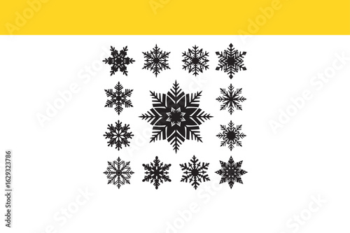 A beautiful collection of sixteen black vector snowflake icons, a set of winter symbols for holiday and Christmas design.