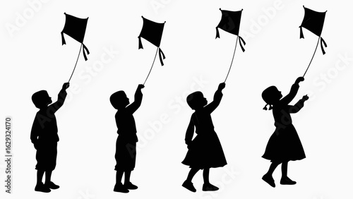 Four children silhouettes flying kites in a white background in a row having fun outdoors together