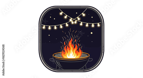 Vintagestyle illustration of a kettle grill fire pit under glowing string lights on a starry night.